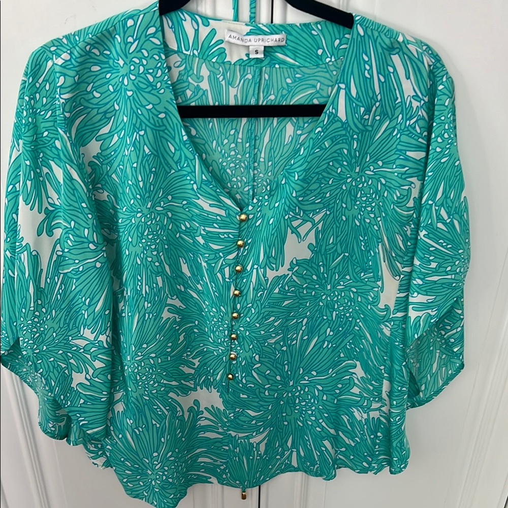Amanda Uprichard Blue and Green Flutter Sleeve Blouse size small